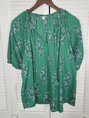 Knox Rose Green White Blue Paisley Boho V Neck Tassel Puff Sleeve Top Sz XL